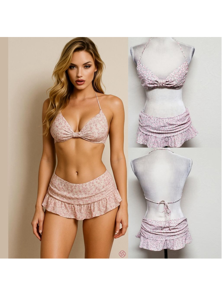 Rare 90s Vintage Candie's Pink Ditsy Floral Halter Low Rise Ruched Skirt Bikini